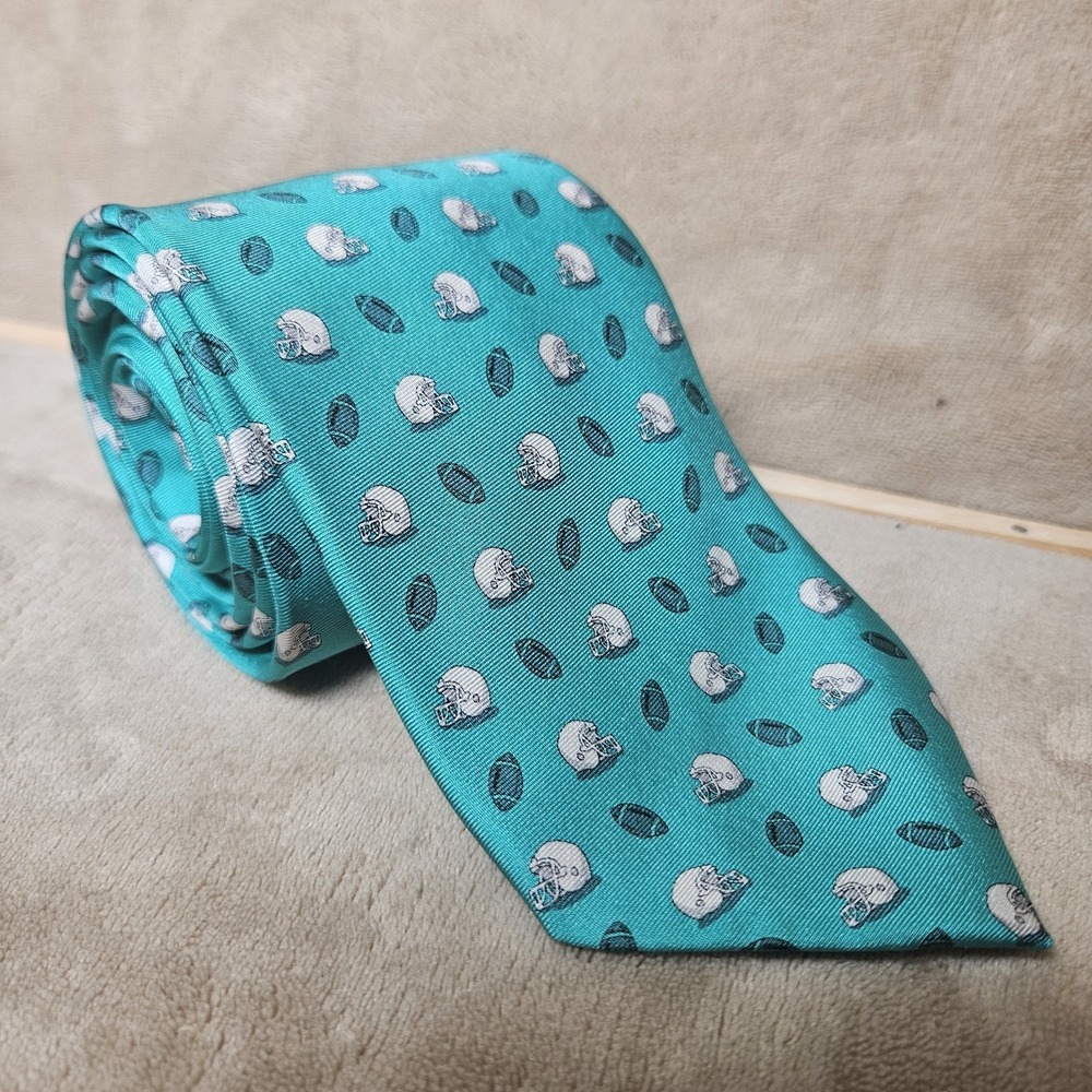 Bird Dog Bay Mens Silk Necktie Teal Blue Football Helmets Handmade Novelty Tie